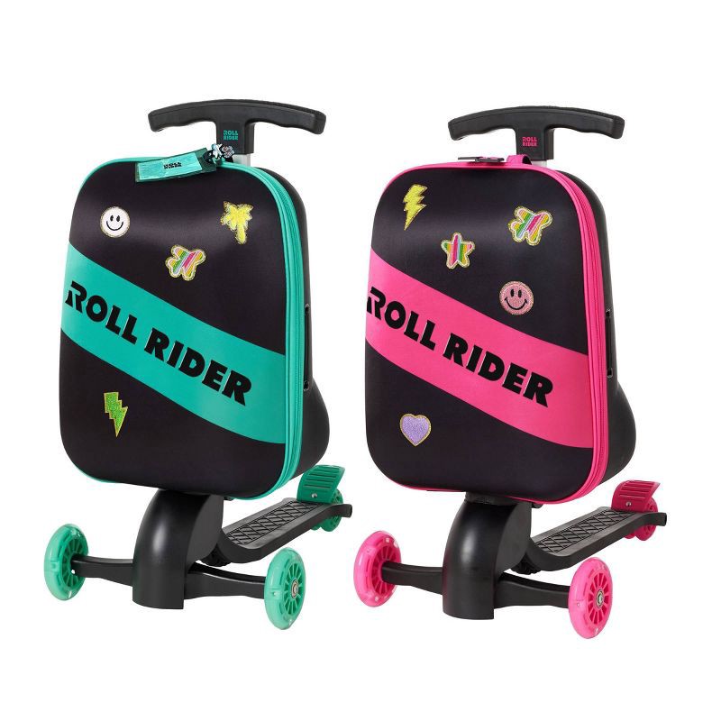 slide 5 of 6, Roll Rider Softside Medium Checked Scooter Suitcase - Teal: Retractable Handle, 2 Wheels, 1 ct