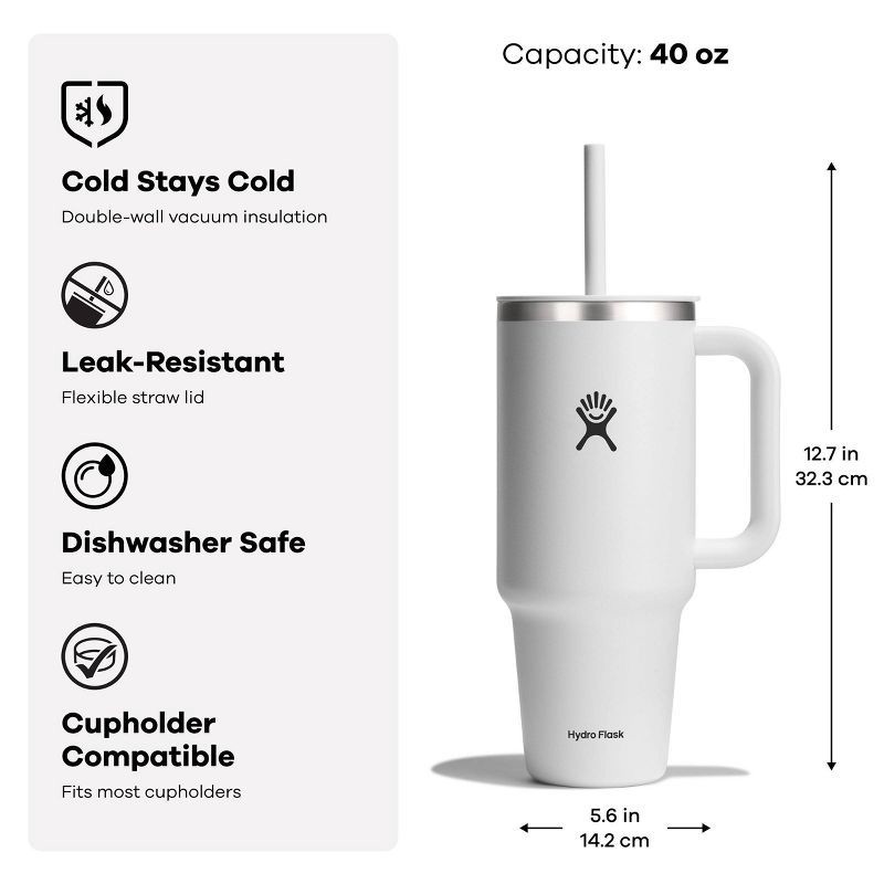 slide 2 of 2, Hydro Flask 40oz All Around Travel Straw Tumbler - White: Double-Wall, BPA-Free, 40 oz