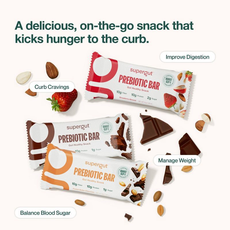 slide 5 of 6, Supergut Prebiotic Bars for GLP-1 Craving Control & Digestive Health - Peanut Butter Chocolate - 10ct, 10 ct