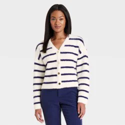 Women's Fuzzy Party Cardigan - A New Day™ Cream/Navy Striped M