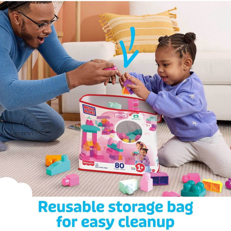 slide 4 of 6, MEGA BLOKS First Builders Big Building Bag Toy Blocks with Pink Storage Bag for Toddler - 80pc, 80 ct