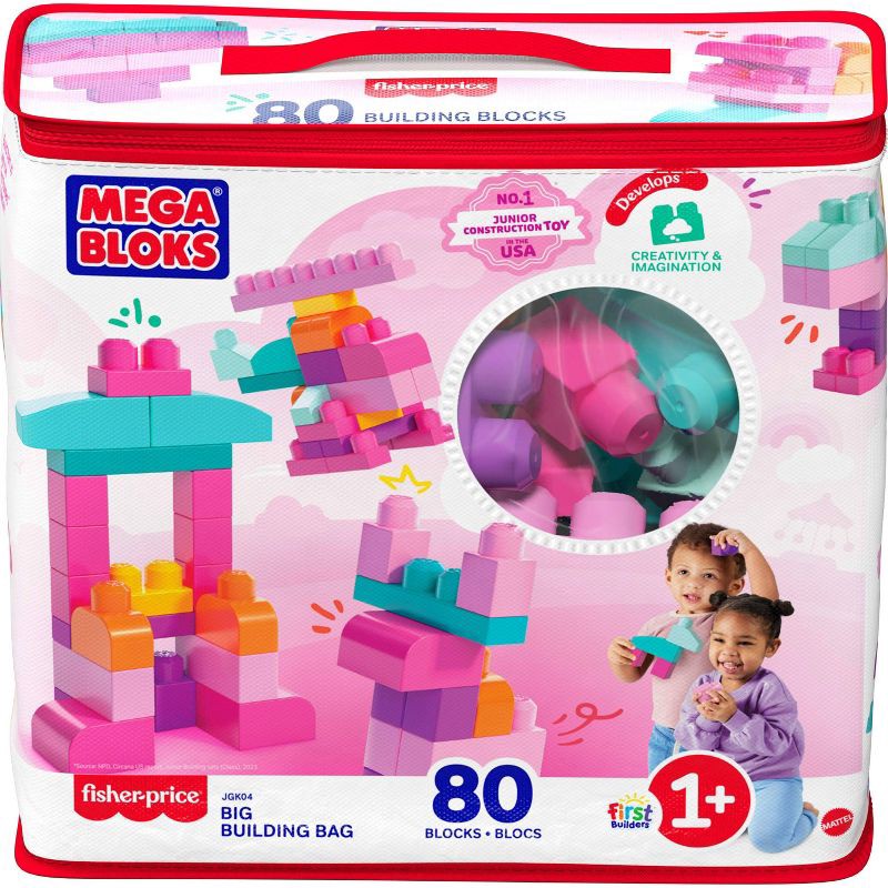 slide 6 of 6, MEGA BLOKS First Builders Big Building Bag Toy Blocks with Pink Storage Bag for Toddler - 80pc, 80 ct