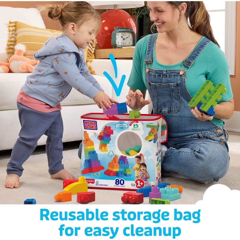 slide 4 of 6, MEGA BLOKS First Builders Big Building Bag Toy Blocks with Blue Storage Bag for Toddler - 80pc, 80 ct