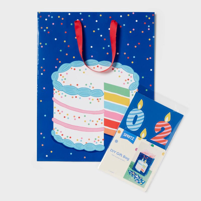 slide 3 of 3, Large Birthday Cake Gift Bag with Stickers Blue - Spritz™, 1 ct
