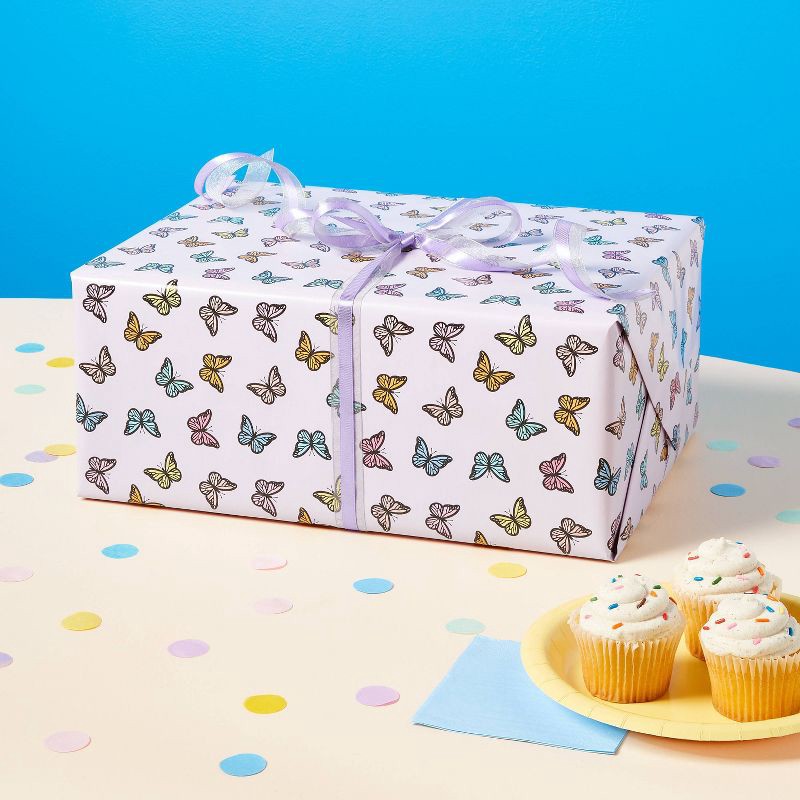 slide 2 of 3, 96"x30" Butterflies Birthday Gift Wrapping Paper Purple - Spritz™, 1 ct