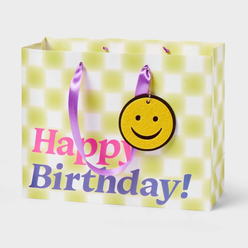 slide 1 of 3, Green Checkered with Smiley Medium Gift Bag - Spritz™, 1 ct