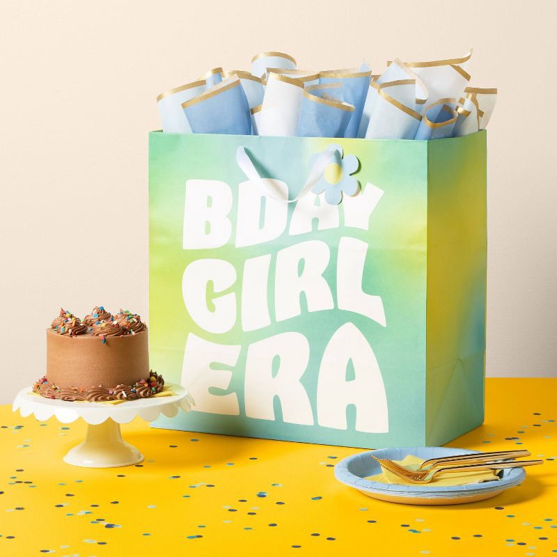 slide 2 of 3, Large Square 'Birthday Girl Era' Tie Dye Birthday Gift Bag with Tag Blue/Yellow/Green - Spritz™, 1 ct