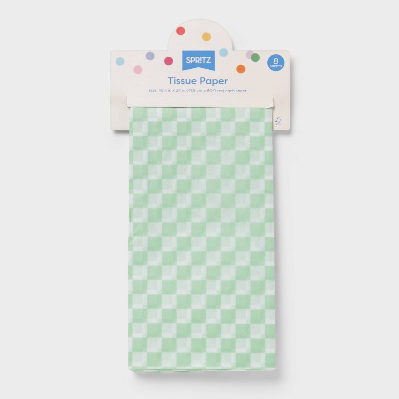 slide 3 of 3, 8ct Checkered Tissue Paper Green/White - Spritz™, 8 ct