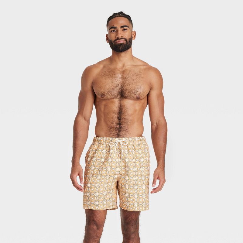 slide 3 of 3, Men's 7" Swim Shorts - Goodfellow & Co™ Yellow L: Mesh Liner, UPF 50+, Geometric Pattern, 1 ct