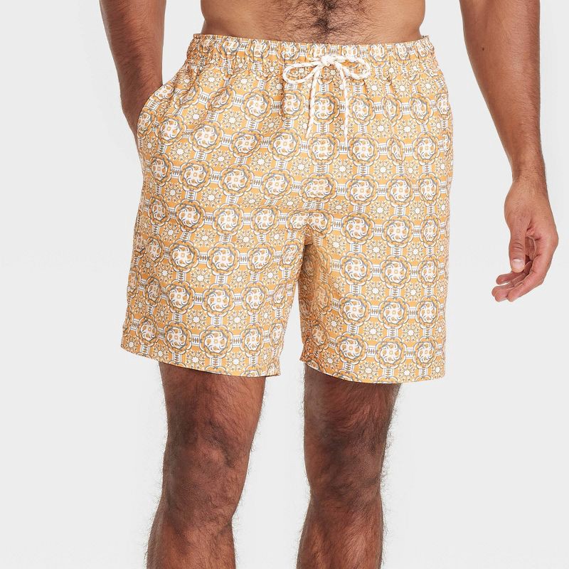 slide 1 of 3, Men's 7" Swim Shorts - Goodfellow & Co™ Yellow L: Mesh Liner, UPF 50+, Geometric Pattern, 1 ct