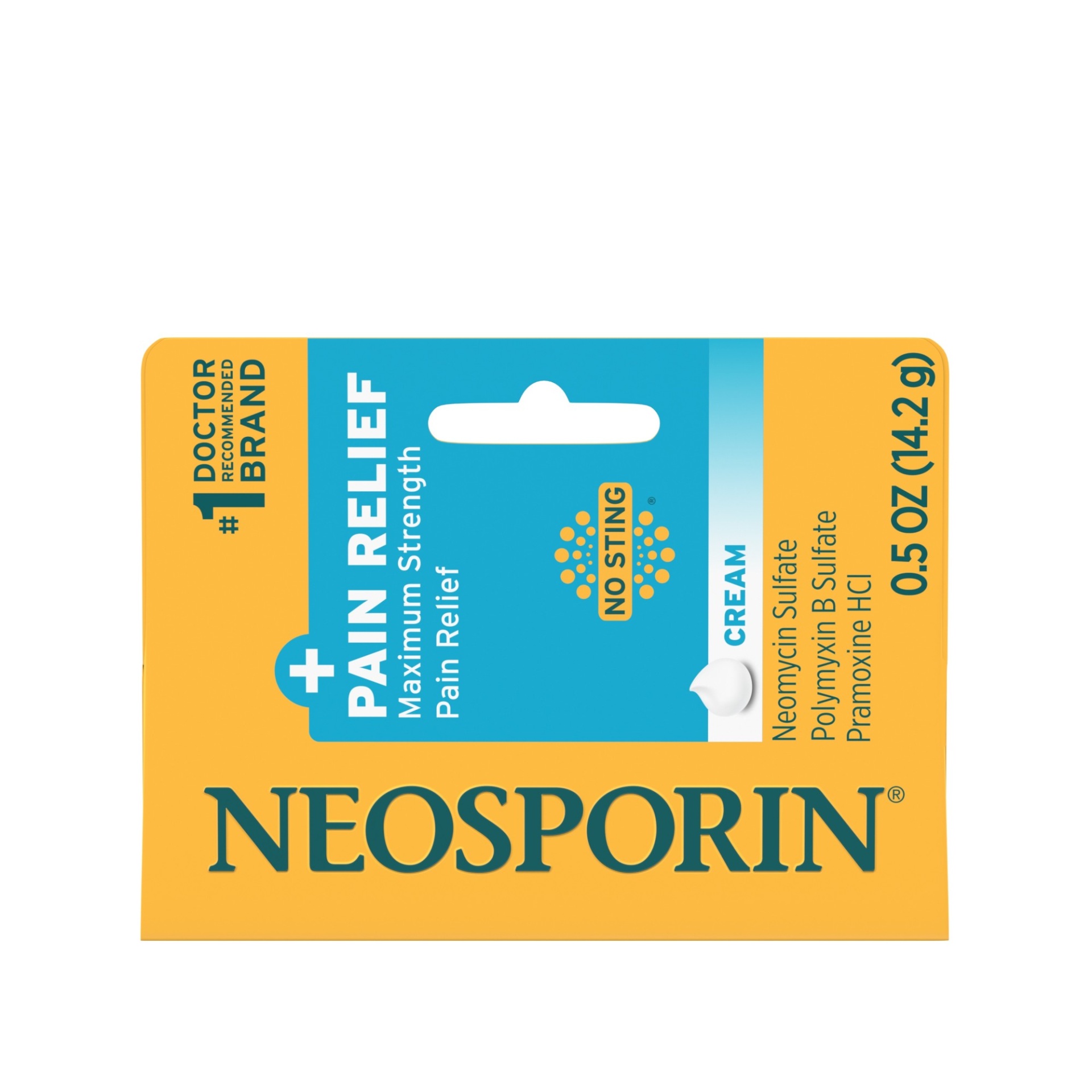 slide 1 of 7, Neosporin + Maximum-Strength Pain Relief Dual Action Cream, First Aid Topical Antibiotic & Analgesic Cream for Wound Care of Minor Cuts, Scrapes & Burns, Polymyxin B & Pramoxine HCl, 0.5 oz
