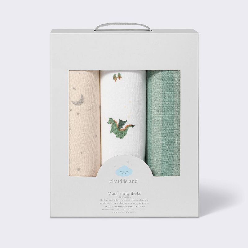 slide 4 of 4, Muslin Swaddle Baby Blanket - Dragons - 3pk - Cloud Island™, 3 ct