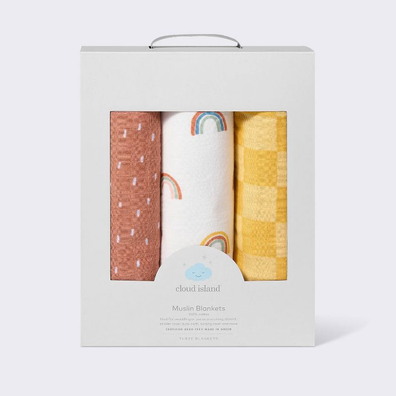 slide 4 of 4, Muslin Swaddle Baby Blanket - Rainbows - 3pk - Cloud Island™, 3 ct