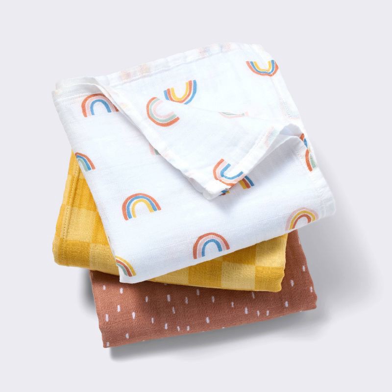 slide 1 of 4, Muslin Swaddle Baby Blanket - Rainbows - 3pk - Cloud Island™, 3 ct