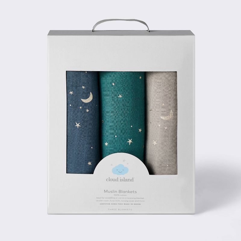 slide 4 of 4, Muslin Swaddle Baby Blanket - Cool Metallic - 3pk - Cloud Island™, 3 ct