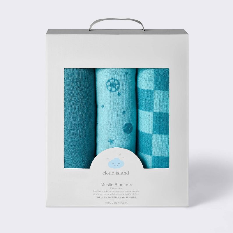 slide 4 of 4, Muslin Swaddle Baby Blanket - Sports - 3pk - Cloud Island™, 3 ct