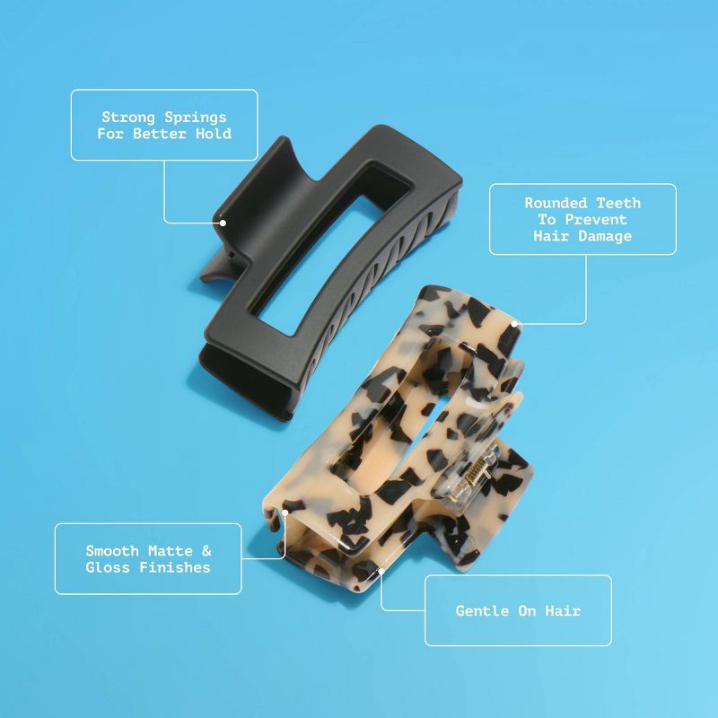 slide 3 of 8, Gimme Beauty Medium Rectangle Claw Clip - 2pc - Black/Tortoise, 2 ct