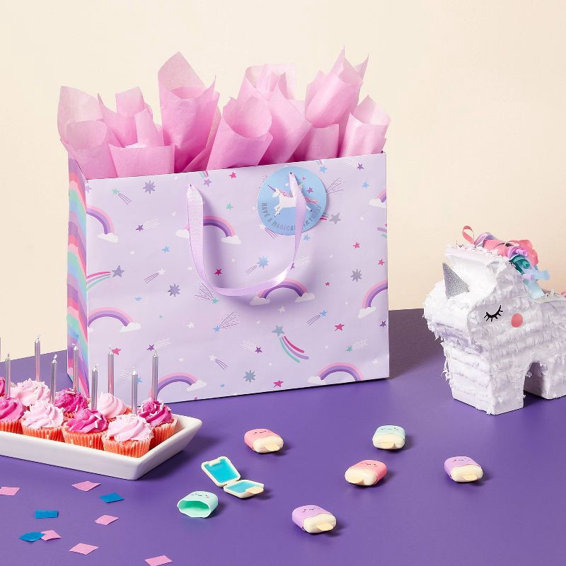 slide 2 of 3, Large Unicorn Rainbow Birthday Gift Bag with Tag Purple - Spritz™, 1 ct