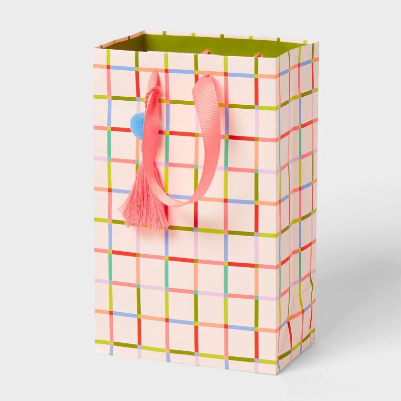 slide 1 of 3, XSmall Jr Tote Grid Pattern Gift Bag with Tassle Colorful - Spritz™, 1 ct