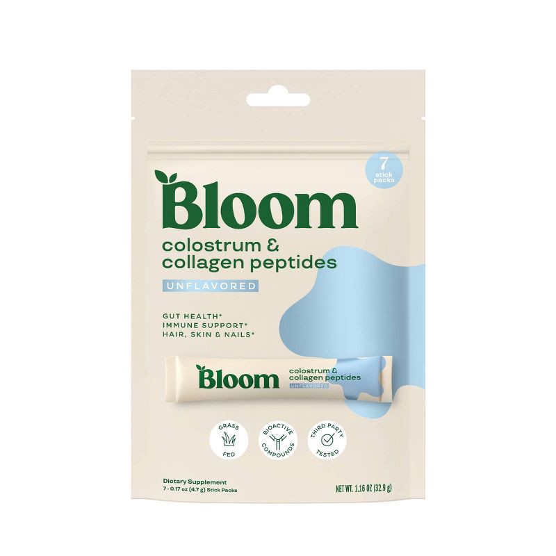 slide 1 of 5, BLOOM NUTRITION Colostrum & Collagen Peptides Powder Stick Packs - Unflavored - 0.99oz/7ct, 0.99 oz, 7 ct