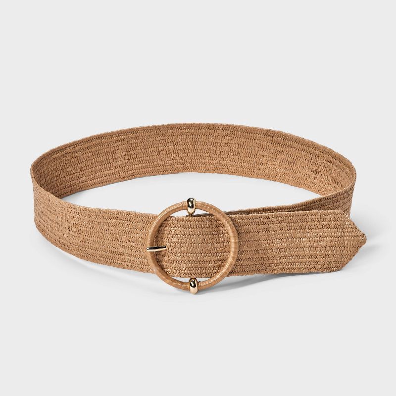 slide 2 of 3, Stretch Straw Belt - A New Day™ Tan XS: Wide Elastic Strap, Solid Pattern, Buckle Closure, Adult General Sizing, 1 ct