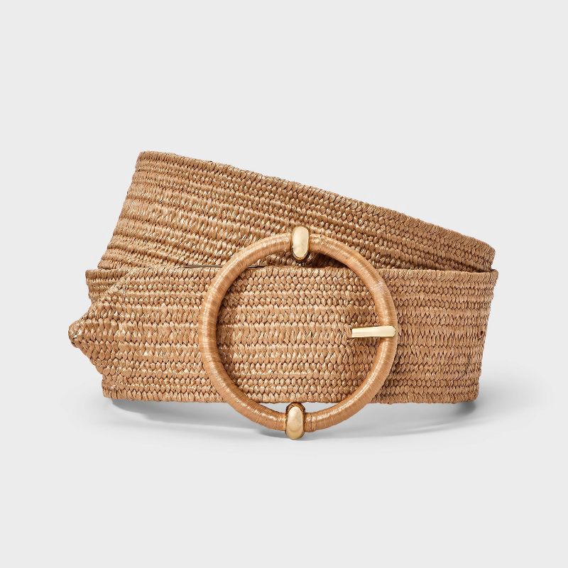 slide 1 of 3, Stretch Straw Belt - A New Day™ Tan XS: Wide Elastic Strap, Solid Pattern, Buckle Closure, Adult General Sizing, 1 ct