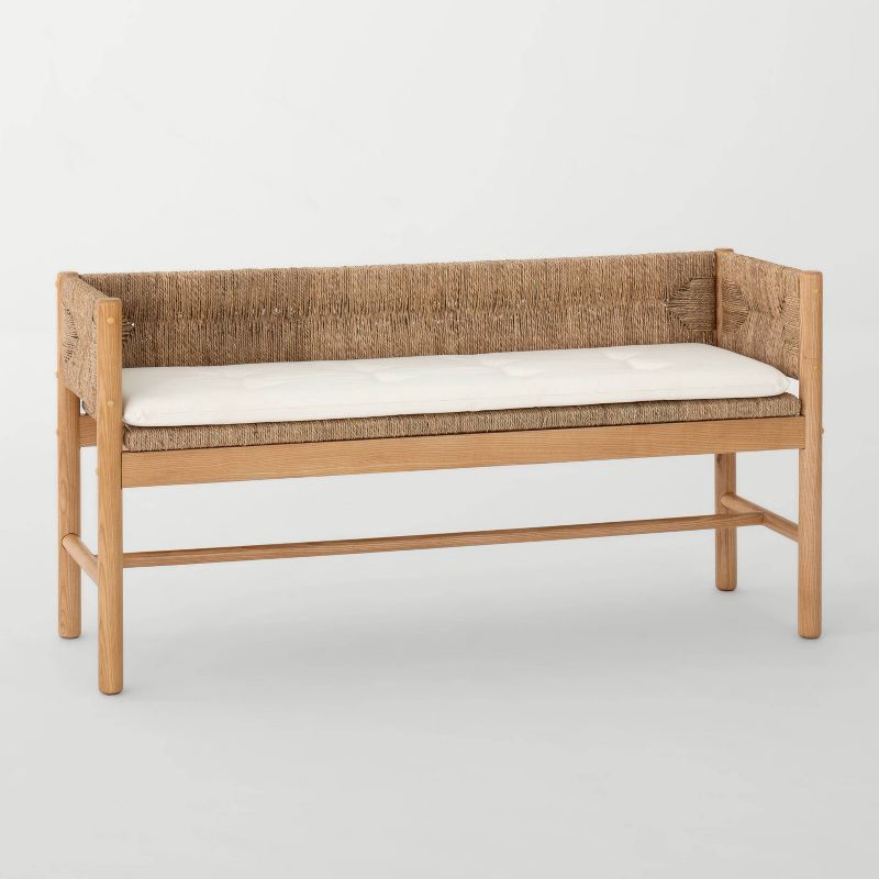 slide 3 of 6, Threshold designed w/Studio McGee Elden Wood Bench with Woven Back and Loose Cushion Seat - Threshold™ designed with Studio McGee Fully Assembled, 1 ct