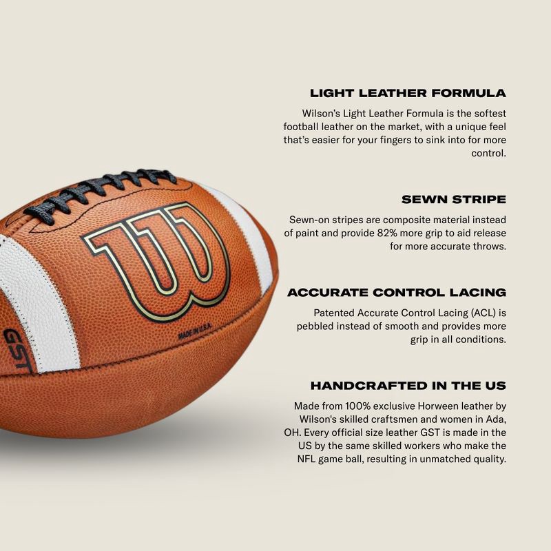 slide 5 of 8, Wilson GST Speed Skin Official Football - Brown: Regulation Size, Leather Composite, Butyl Bladder, 1 ct