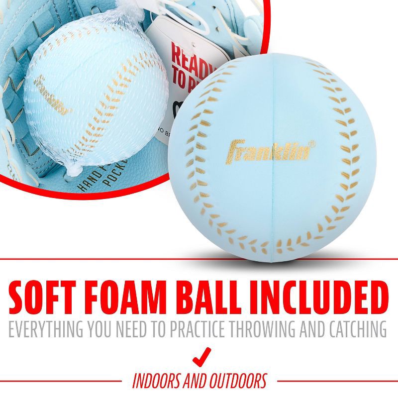 slide 5 of 9, Franklin Sports 9" T Ball Glove with Ball Right Handed Thrower - Carolina Blue: PVC Material, All-Purpose T-Ball Use, 1 ct