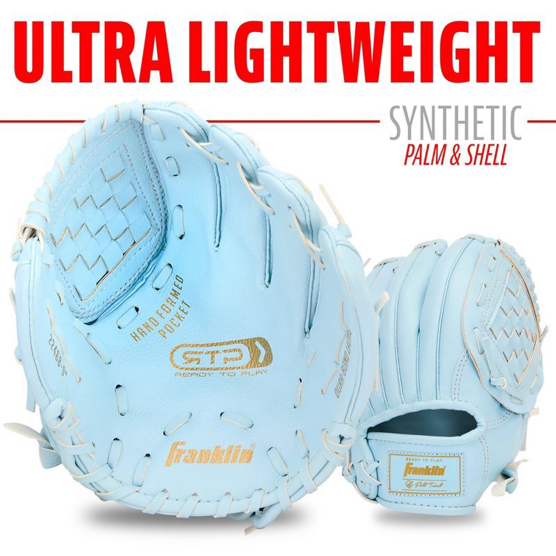 slide 6 of 9, Franklin Sports 9" T Ball Glove with Ball Right Handed Thrower - Carolina Blue: PVC Material, All-Purpose T-Ball Use, 1 ct
