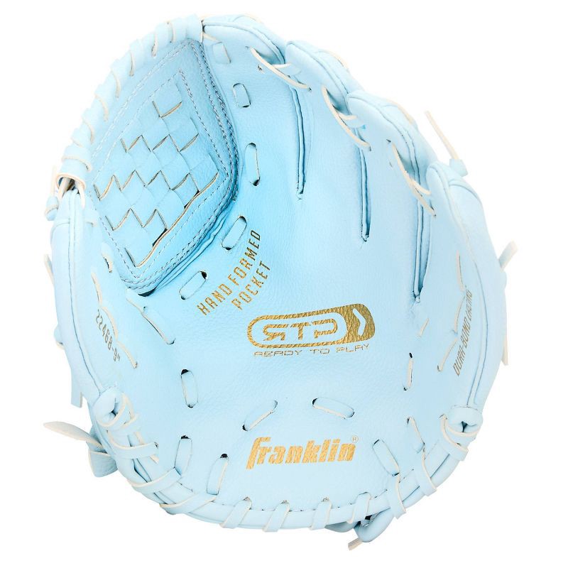 slide 8 of 9, Franklin Sports 9" T Ball Glove with Ball Right Handed Thrower - Carolina Blue: PVC Material, All-Purpose T-Ball Use, 1 ct