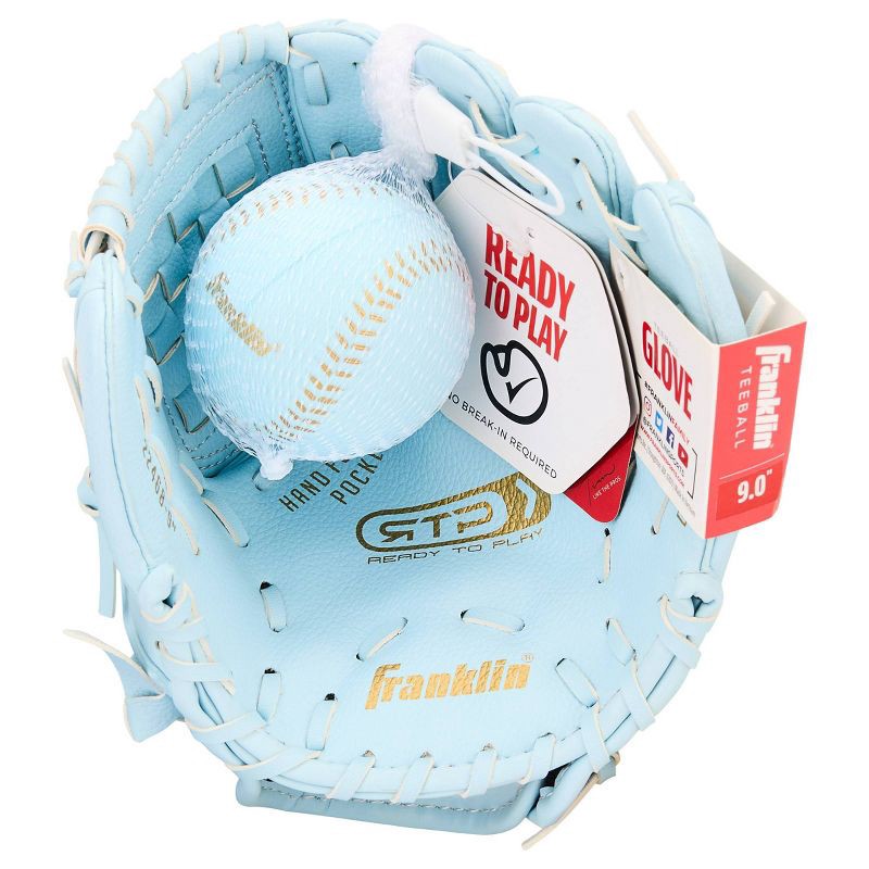 slide 9 of 9, Franklin Sports 9" T Ball Glove with Ball Right Handed Thrower - Carolina Blue: PVC Material, All-Purpose T-Ball Use, 1 ct