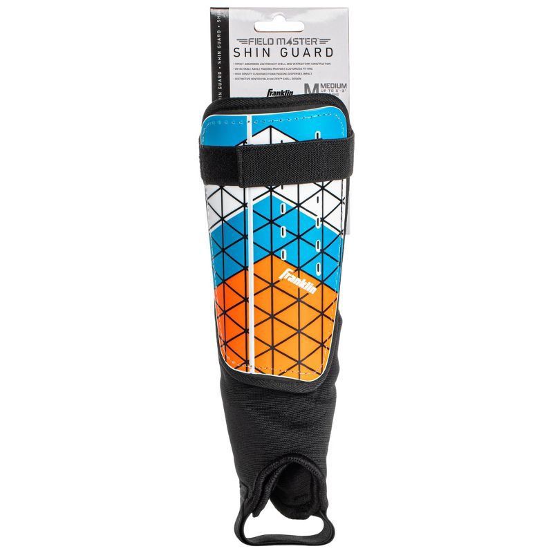 slide 3 of 4, Franklin Sports Shin Guards 2pk - Blue/Orange M: Soccer Field Equipment, ABS Material, 2 ct