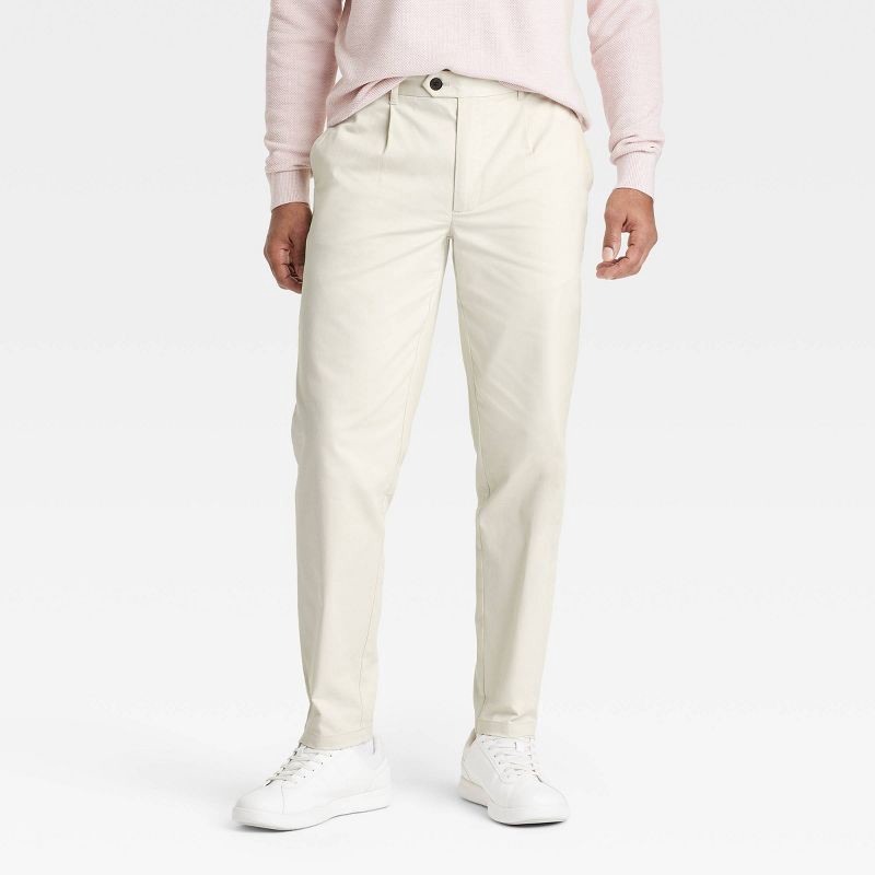 slide 1 of 3, Men's Extended Tab Pleated Dress Trousers - Goodfellow & Co™ Beige 32x32: Cotton-Spandex, Relaxed Leg, Midweight, 1 ct