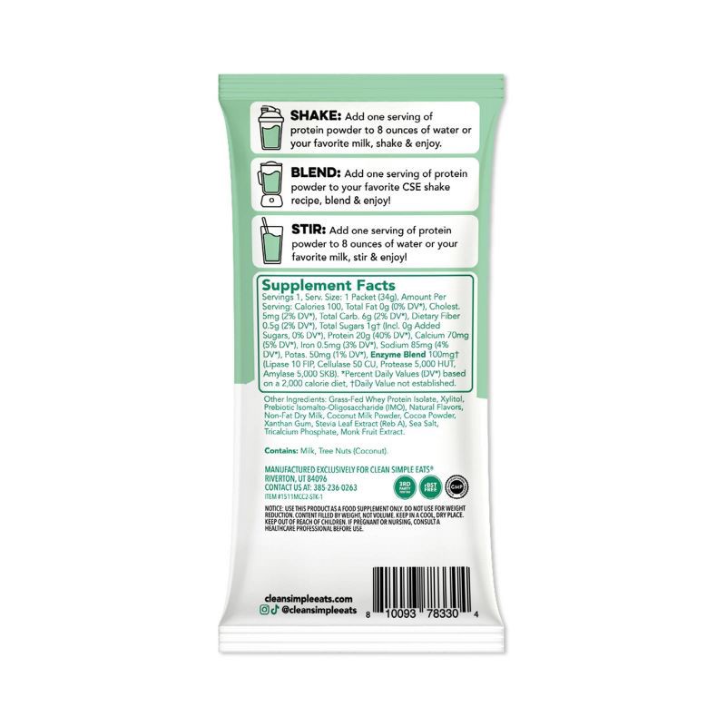 slide 9 of 9, Clean Simple Eats Protein Powder - Mint Chocolate Cookie - Whey Protein Isolate - 1.2oz/1 Stick, 1.2 oz