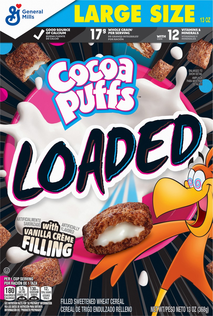 slide 5 of 13, Cocoa Puffs Loaded Cereal, Chocolatey Cereal With Artificially Flavored Vanilla Crème Filling, Made With Whole Grain, Large Size, 13 oz, 13 oz