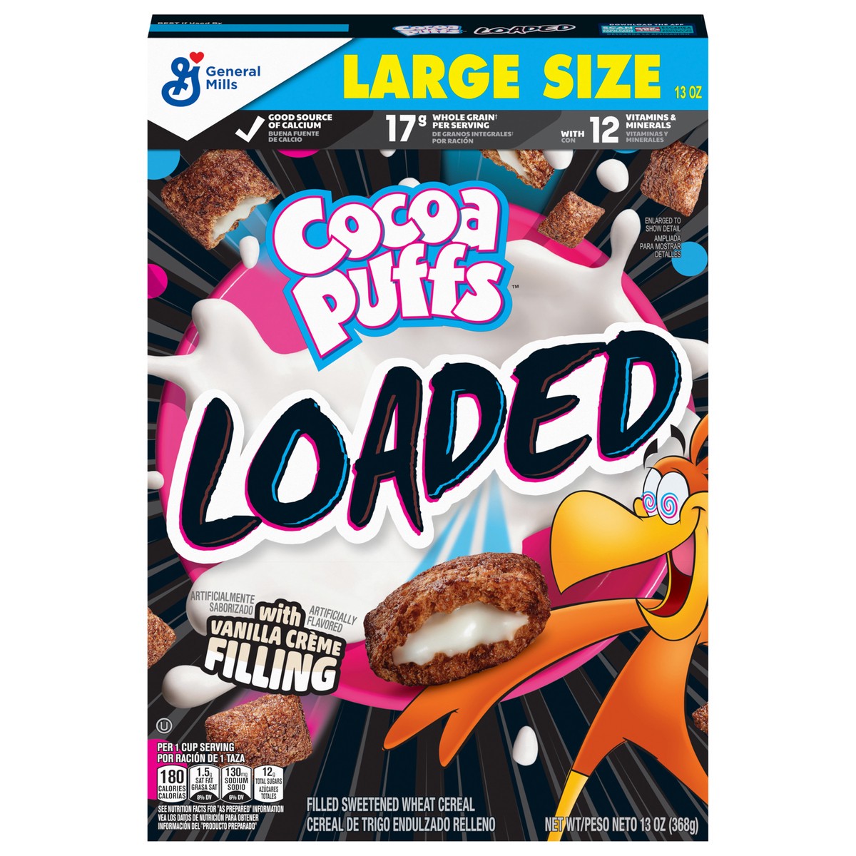 slide 2 of 13, Cocoa Puffs Loaded Cereal, Chocolatey Cereal With Artificially Flavored Vanilla Crème Filling, Made With Whole Grain, Large Size, 13 oz, 13 oz
