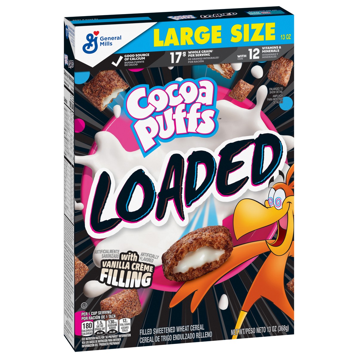 slide 13 of 13, Cocoa Puffs Loaded Cereal, Chocolatey Cereal With Artificially Flavored Vanilla Crème Filling, Made With Whole Grain, Large Size, 13 oz, 13 oz