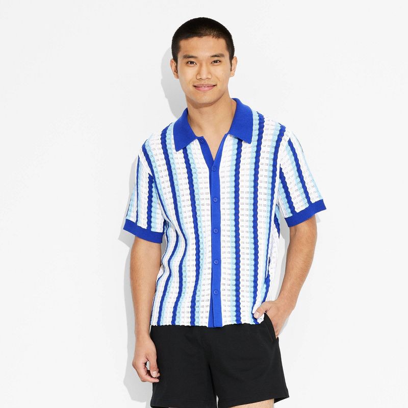 slide 2 of 3, Men's Short Sleeve Knit Button-Down Shirt- Original Use™ Blue S: Casual Polo Collar, Stripe Pattern, 1 ct