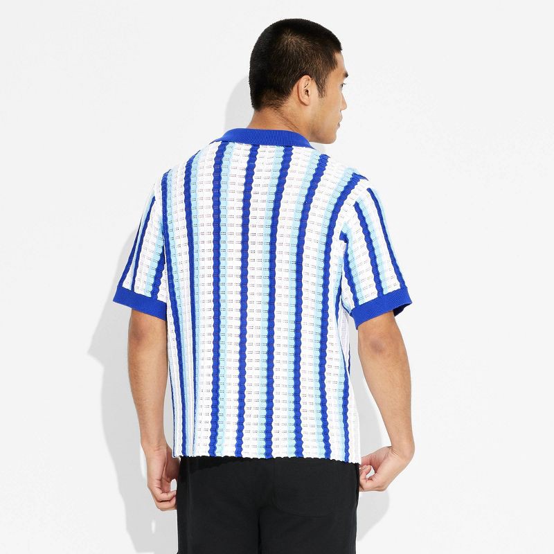 slide 3 of 3, Men's Short Sleeve Knit Button-Down Shirt- Original Use™ Blue S: Casual Polo Collar, Stripe Pattern, 1 ct