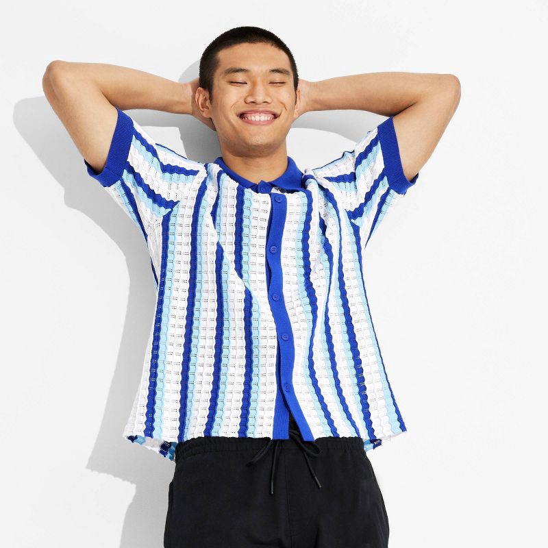 slide 1 of 3, Men's Short Sleeve Knit Button-Down Shirt- Original Use™ Blue S: Casual Polo Collar, Stripe Pattern, 1 ct
