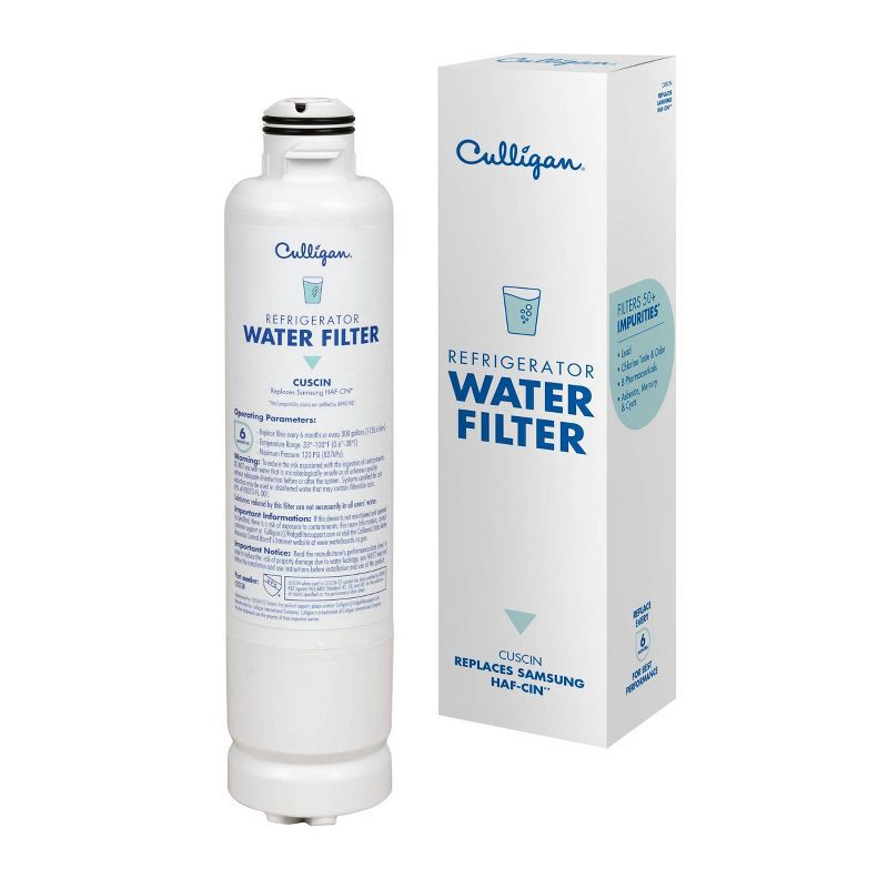 slide 1 of 10, Culligan CUSCIN Replacement Samsung (HAF-CIN) Refrigerator Water Filter: Filters Odors, Lead, Chlorine, VOCs, Microplastics, 1 ct