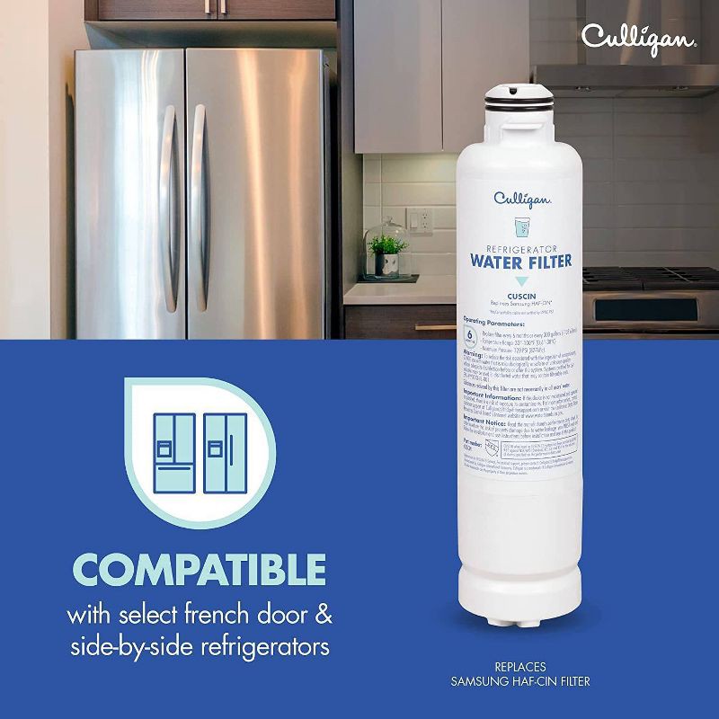 slide 5 of 10, Culligan CUSCIN Replacement Samsung (HAF-CIN) Refrigerator Water Filter: Filters Odors, Lead, Chlorine, VOCs, Microplastics, 1 ct