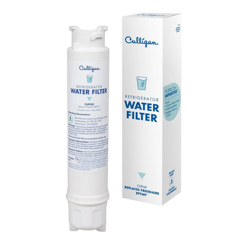 slide 1 of 10, Culligan CUFUII Replacement Frigidaire (EPTWF) Refrigerator Water Filter: Filters Lead, Mercury, Chlorine, VOCs, 9" Height, 1 ct