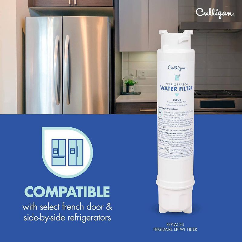 slide 5 of 10, Culligan CUFUII Replacement Frigidaire (EPTWF) Refrigerator Water Filter: Filters Lead, Mercury, Chlorine, VOCs, 9" Height, 1 ct