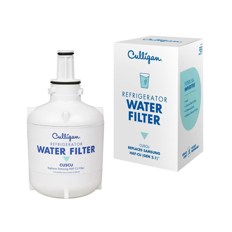 slide 1 of 10, Culligan CUSCU Replacement Samsung (HAF-CU1) Refrigerator Water Filter: Filters Odors, Lead, Chlorine, VOCs, 30-Day Warranty, 1 ct