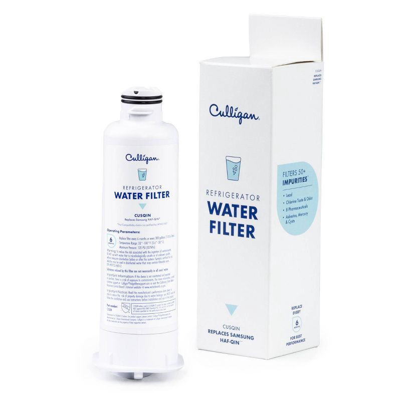 slide 1 of 9, Culligan CUSQIN Replacement Samsung (HAF-QIN) Refrigerator Water Filter: Filters Odors, Lead, Chlorine, VOCs, Microplastics, 1 ct