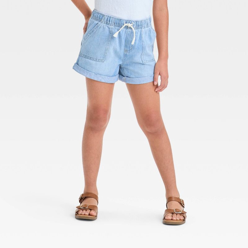 slide 1 of 3, Girls' High Rise Pull-On Denim Utility Shorts - Cat & Jack™ Light Wash XS: Midweight, Elastic Waistband, 1 ct