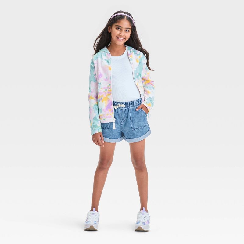 slide 3 of 3, Girls' High-Rise Pull-On Denim Utility Shorts - Cat & Jack™ Medium Wash M: Elastic Waistband, 1 ct