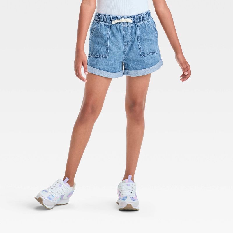 slide 1 of 3, Girls' High-Rise Pull-On Denim Utility Shorts - Cat & Jack™ Medium Wash M: Elastic Waistband, 1 ct